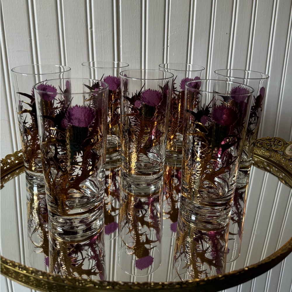 RARE GREGORY DUNCAN SET OF 7 PURPLE & GOLD THISTLE HIGHBALL GLASSES